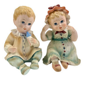 Vintage Figurines Porcelain Lefton Babies Bisque Japan  Set Of 2